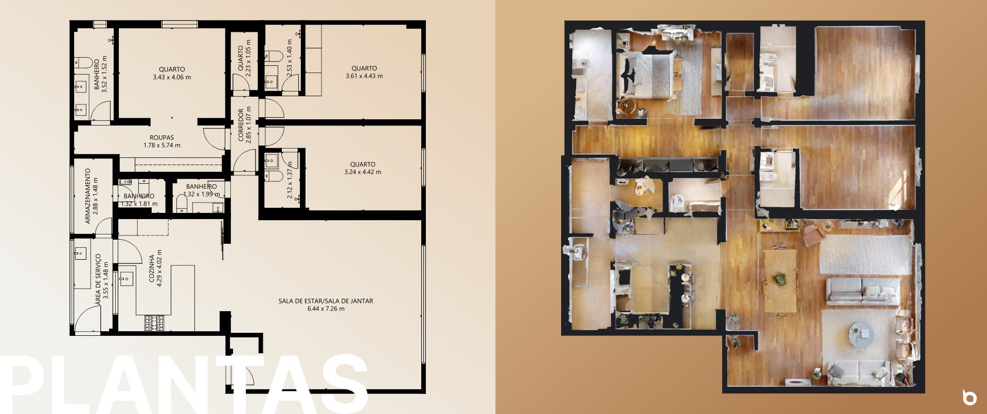 planta baixa humanizada e com medidas do tour virtual 3d